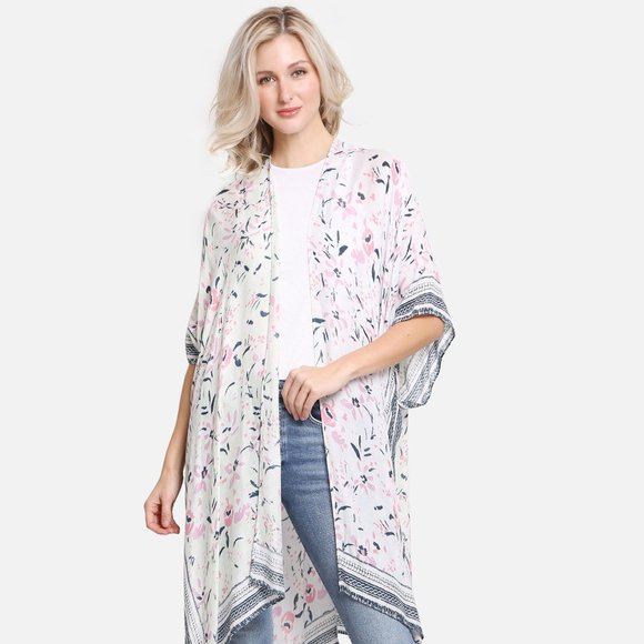 P/S Multi-Colored Flower Print Long Cover Up·Kimono·Wrap·SwimsuitCover·ComfyLuxe - Picture 4 of 5